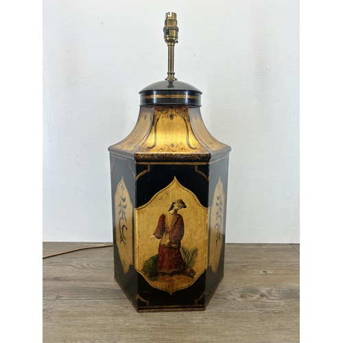 526 - An antique style Porta Romana hand painted metal table lamp - approx. 61cm high