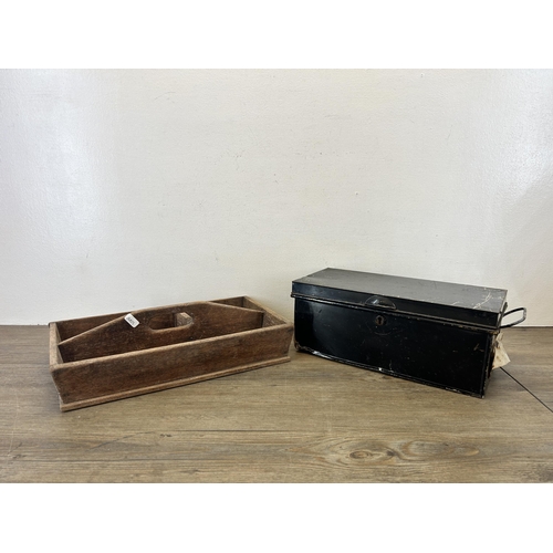 529 - Two items, early 20th century black metal rectangular deed box and 19th century oak cutlery tray - a... 