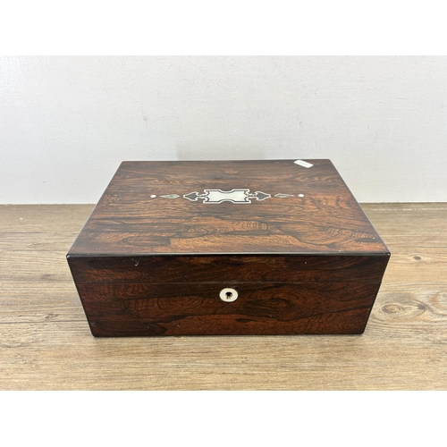 537 - A 19th century mother of pearl inlaid rosewood work box - approx. 12cm high x 30cm wide x 22cm deep