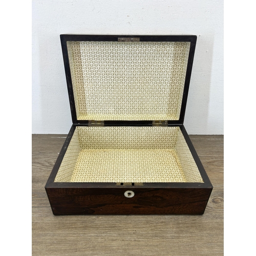 537 - A 19th century mother of pearl inlaid rosewood work box - approx. 12cm high x 30cm wide x 22cm deep