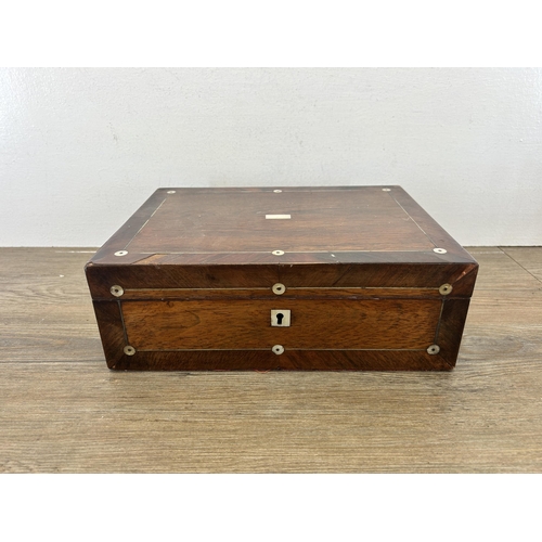 539 - A 19th century mother of pearl inlaid rosewood writing slope with red velvet interior - approx. 10.5... 