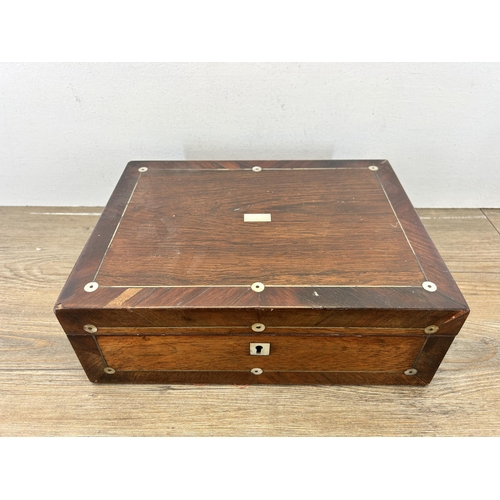 539 - A 19th century mother of pearl inlaid rosewood writing slope with red velvet interior - approx. 10.5... 