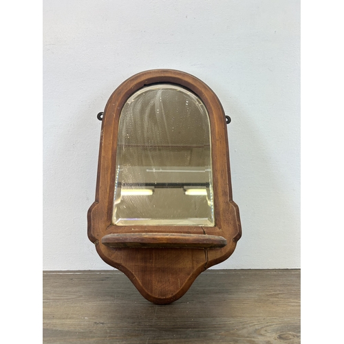 540 - A 19th century pine bevelled edge wall mirror with lower shelf - approx. 44cm high x 25cm wide