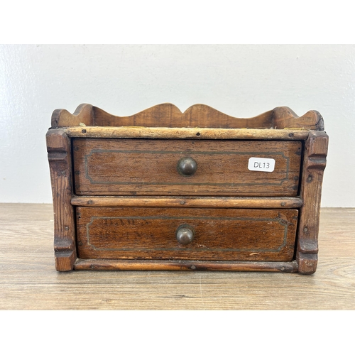 541A - A vintage handmade wooden two drawer desk tidy - approx. 17.5cm high x 26.5cm wide x 13.6cm deep