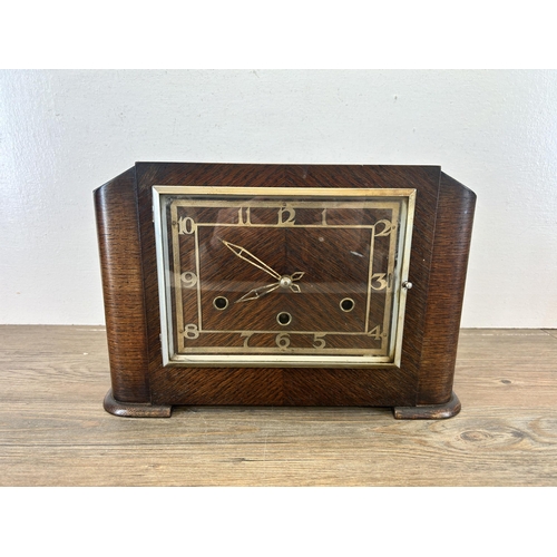 544 - An Art Deco oak Westminster chime mantel clock - approx. 22cm high x 32cm wide x 12cm deep