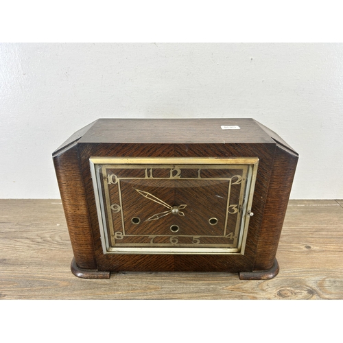 544 - An Art Deco oak Westminster chime mantel clock - approx. 22cm high x 32cm wide x 12cm deep