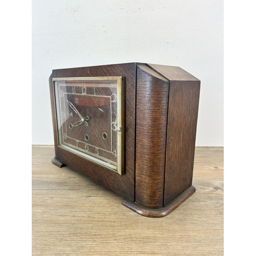 544 - An Art Deco oak Westminster chime mantel clock - approx. 22cm high x 32cm wide x 12cm deep