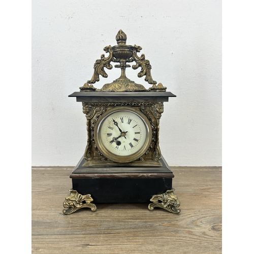 550 - A 19th century slate, red marble and gilt mantel clock - approx. 33cm high x 20cm wide x 14.5cm deep