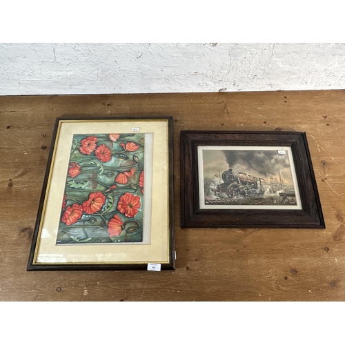 254 - Two framed paintings, one 1986 L. M. S. Stanier 4-6-0 freight locomotive oil painting signed SRJ and... 