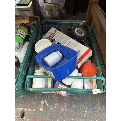 860 - Six boxes containing cleaning products, fixtures and fittings, vintage radio, vintage articulated de... 