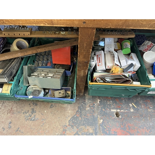 860 - Six boxes containing cleaning products, fixtures and fittings, vintage radio, vintage articulated de... 