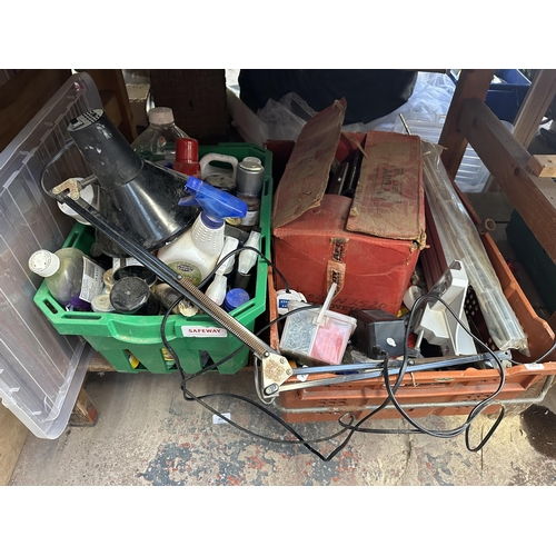 860 - Six boxes containing cleaning products, fixtures and fittings, vintage radio, vintage articulated de... 