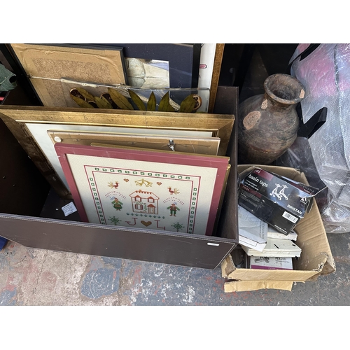 863 - A large collection of house clearance items to include terracotta planter, framed pictures, vintage ... 