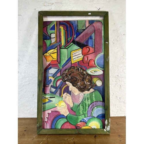 279 - A green painted wooden framed abstract pottery industry acrylic on board - approx. 131cm high x 76cm... 