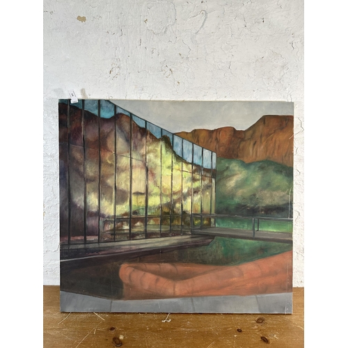 280 - A mid 20th century unframed Fiona Ogilvie acrylic on canvas - approx. 76cm high x 84cm wide