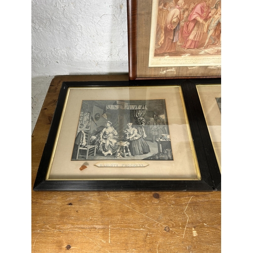 229 - Six 19th century framed engravings to include Three Harlots Progress etc. - largest approx. 62cm hig... 