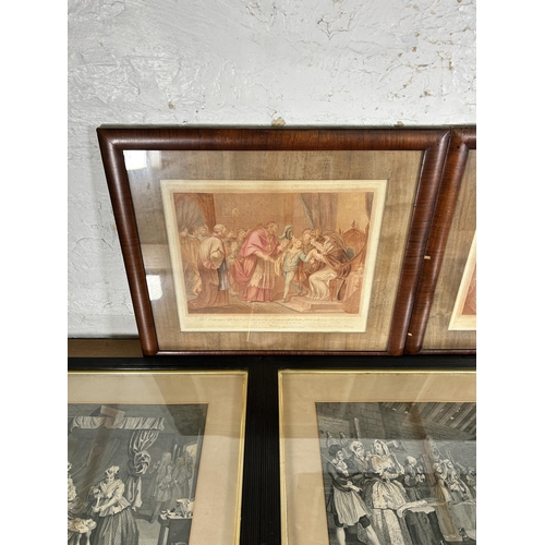 229 - Six 19th century framed engravings to include Three Harlots Progress etc. - largest approx. 62cm hig... 