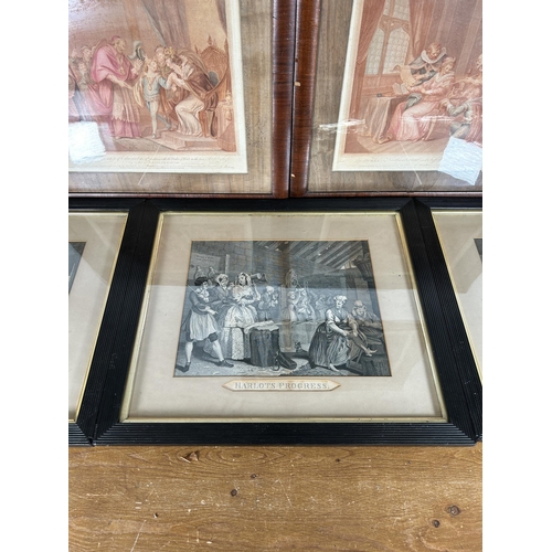 229 - Six 19th century framed engravings to include Three Harlots Progress etc. - largest approx. 62cm hig... 