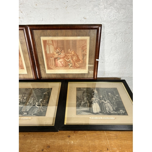 229 - Six 19th century framed engravings to include Three Harlots Progress etc. - largest approx. 62cm hig... 