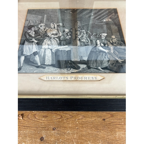 229 - Six 19th century framed engravings to include Three Harlots Progress etc. - largest approx. 62cm hig... 