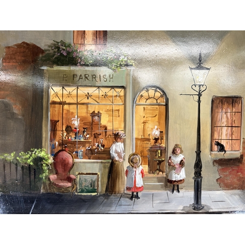 239 - A gilt framed Deborah Jones (1921-2012) oil on board of a 19th century shop front scene - approx. 45... 