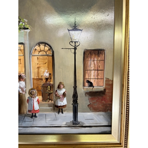 239 - A gilt framed Deborah Jones (1921-2012) oil on board of a 19th century shop front scene - approx. 45... 