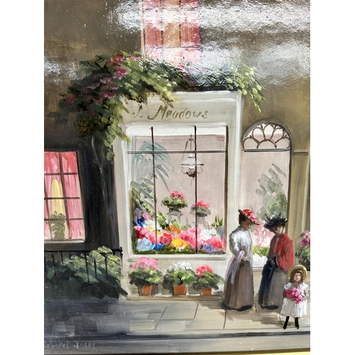 239A - A gilt framed Deborah Jones (1921-2012) oil on board of a 19th century shop front scene - approx. 45... 