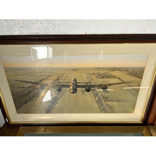 241 - Four framed aviation prints to include two J. W. Mitchell etc. - largest approx. 65cm high x 87cm wi... 