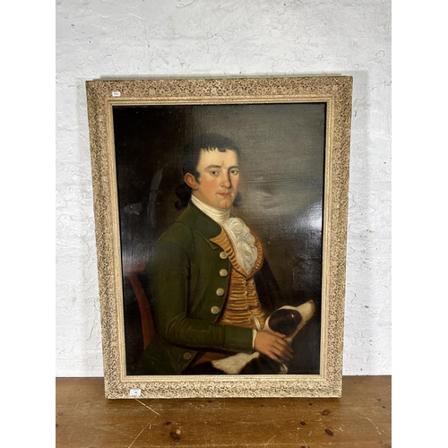 242 - A 19th century framed portrait oil on canvas of a gentleman and dog - approx. 105cm high x 81cm wide