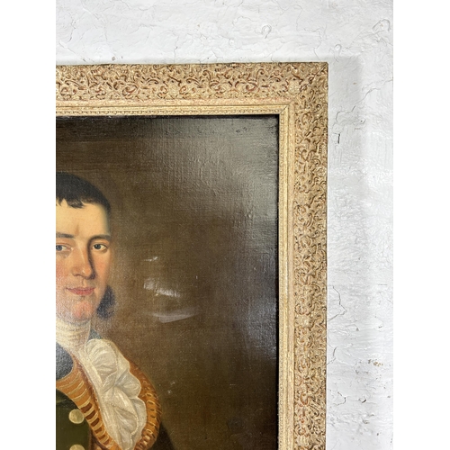 242 - A 19th century framed portrait oil on canvas of a gentleman and dog - approx. 105cm high x 81cm wide