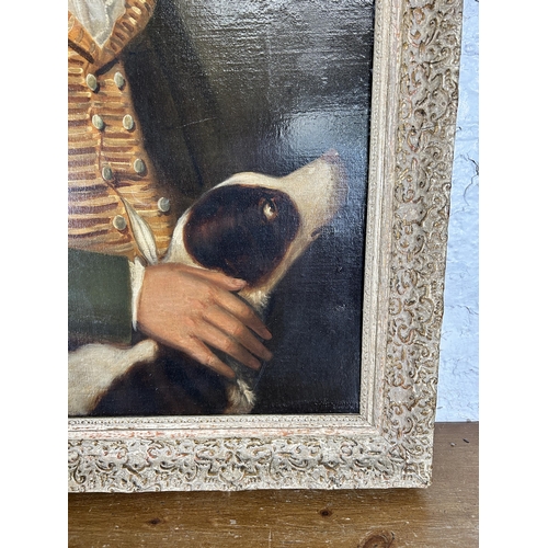 242 - A 19th century framed portrait oil on canvas of a gentleman and dog - approx. 105cm high x 81cm wide