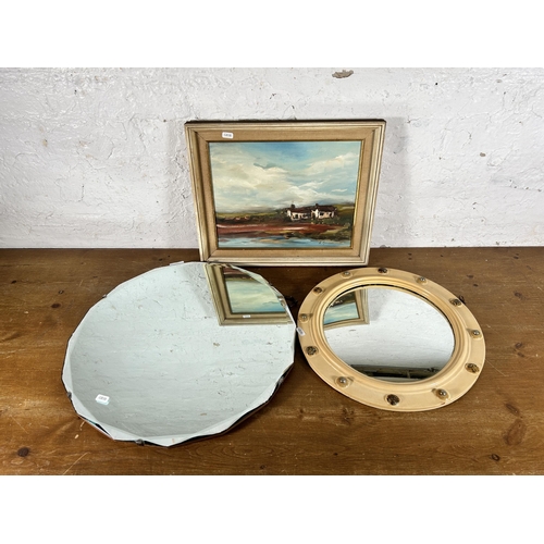 246 - Three mid 20th century items, one A. Grimshaw oil on board and two wall hanging mirrors