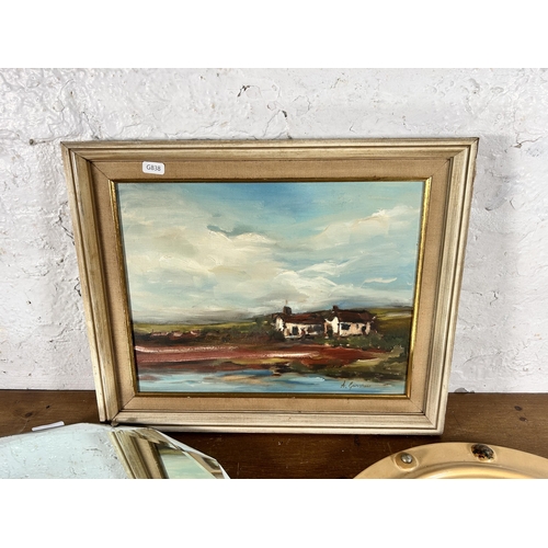 246 - Three mid 20th century items, one A. Grimshaw oil on board and two wall hanging mirrors