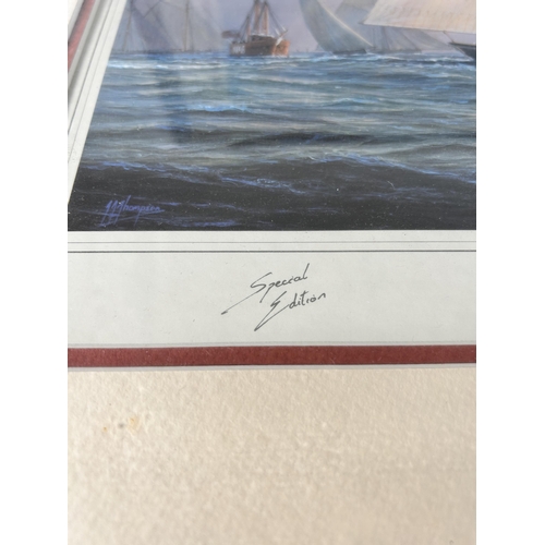 251 - Two framed Tim Thompson Yachts of the America's Cup special edition prints, The J Class and The Scho... 