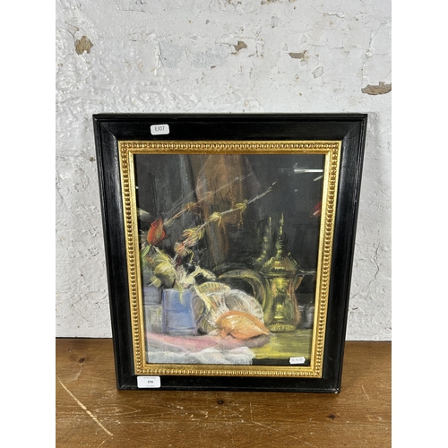 256 - A 20th century black and gilt framed pastel still life - approx. 45cm high x 38cm wide