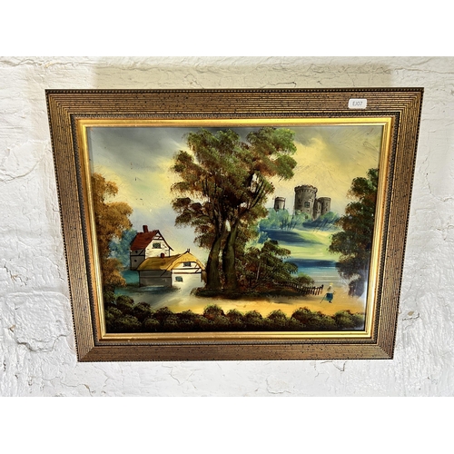 258 - A late 19th century gilt framed original painting on glass - approx. 43cm high x 53cm wide