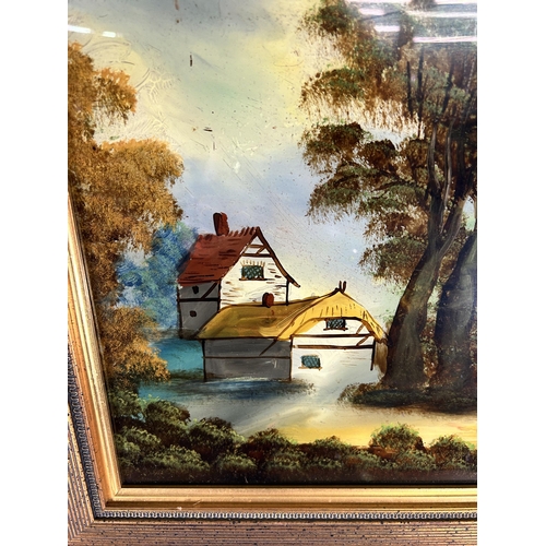 258 - A late 19th century gilt framed original painting on glass - approx. 43cm high x 53cm wide