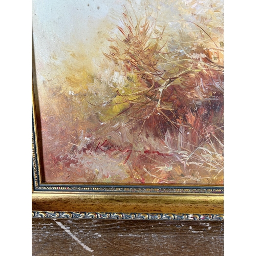 272 - A 20th century gilt framed oil on board of a hunting scene signed Kingman lower left - approx. 57cm ... 