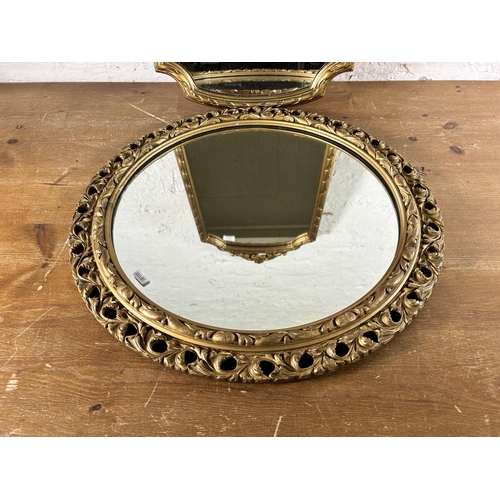 278 - Two gilt framed wall mirrors, one approx. 70cm high x 39cm wide and one approx. 57cm diameter