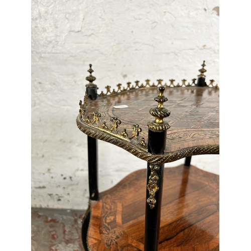 127 - A 19th century French marquetry inlaid rosewood and ebonized three tier étagère with gilt metal deco... 
