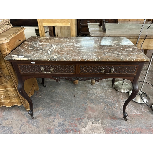 170 - A late 19th century French carved mahogany and marble top two drawer console table - approx. 74cm hi... 