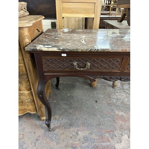 170 - A late 19th century French carved mahogany and marble top two drawer console table - approx. 74cm hi... 