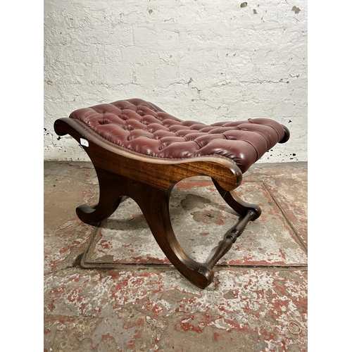 176 - A red leather and mahogany Chesterfield footstool - approx. 40cm high x 43cm wide x 68cm long