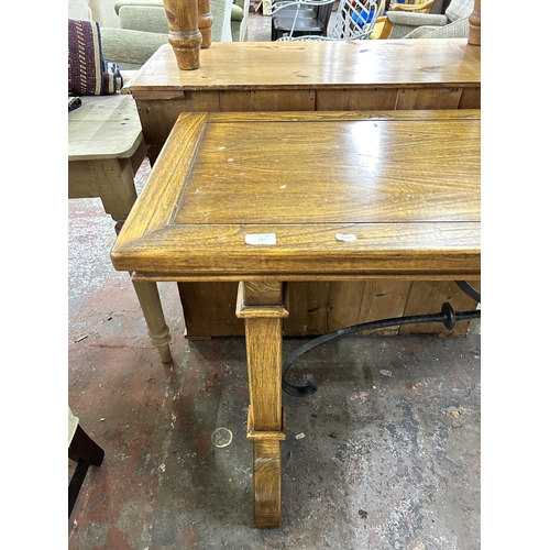 197 - A Gothic style solid oak and wrought iron console table - approx. 80cm high x 50cm wide x 150cm long