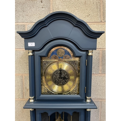 10 - Two blue painted clocks, one Emperor grandmother clock with brass weights and pendulum - approx. 181... 