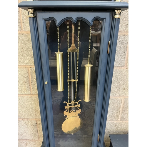 10 - Two blue painted clocks, one Emperor grandmother clock with brass weights and pendulum - approx. 181... 