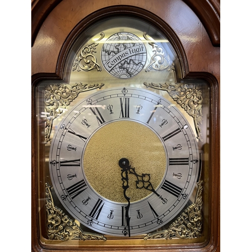 11 - A yew wood cased grandfather clock with brass Tempus Fugit face, pendulum and weights - approx. 196c... 
