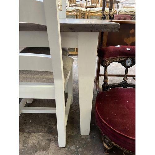 17 - A PGT Reclaimed white painted and reclaimed hardwood rectangular dining table and four chairs - appr... 