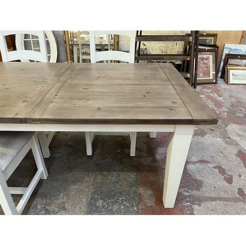 17 - A PGT Reclaimed white painted and reclaimed hardwood rectangular dining table and four chairs - appr... 