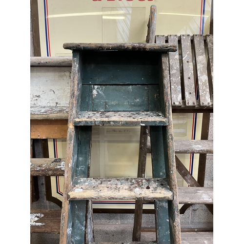 2 - Three sets of vintage painted pine step ladders